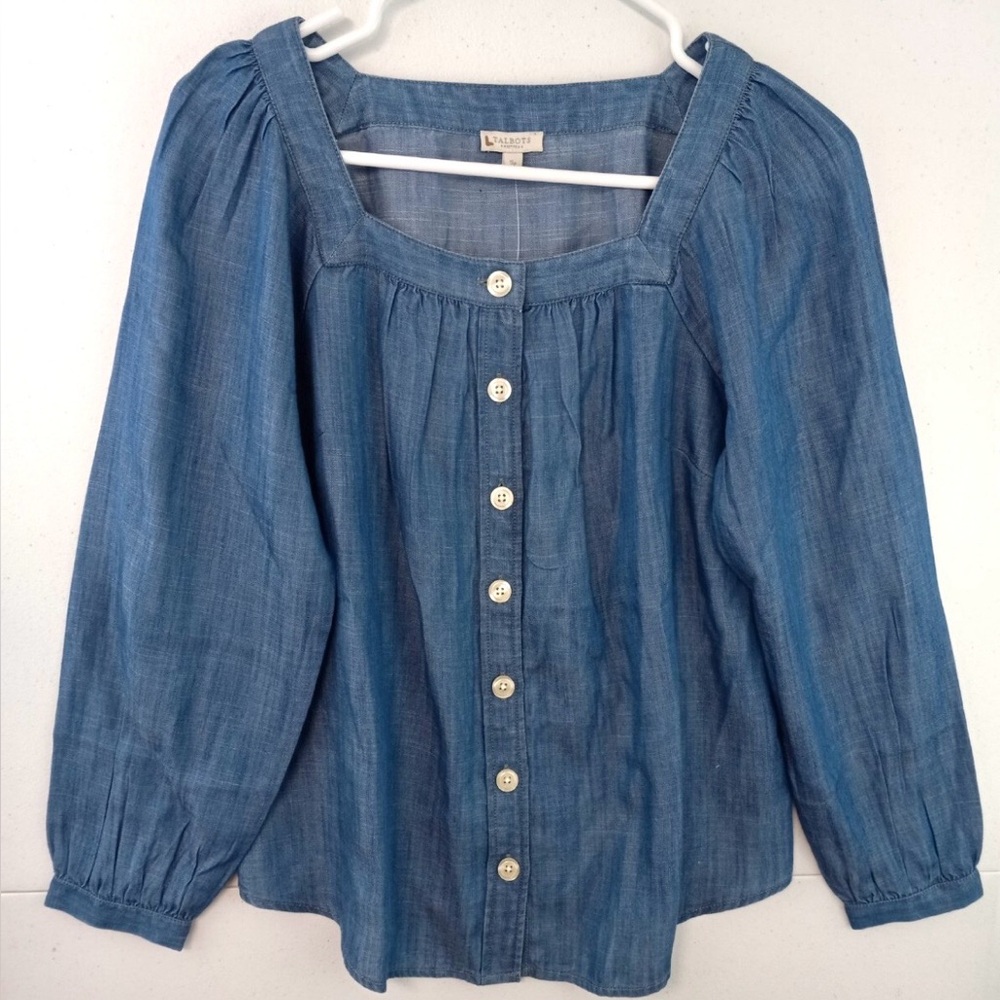 Talbots Chambray Square Neck Button Down Blouse S… - image 7